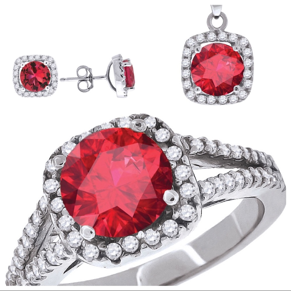 925 Sterling Silver Ruby CZ Earring, Pendant Ring
